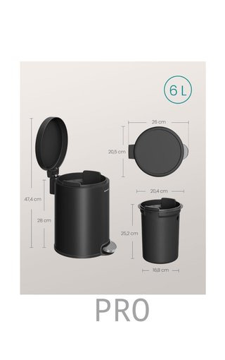 Cubo de Basura de Baño, 6 L, Cubo de Acero con Tapa de Cierre Suave
