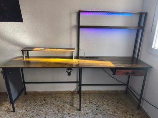 Escritorio Doble con Estantería y Luz LED