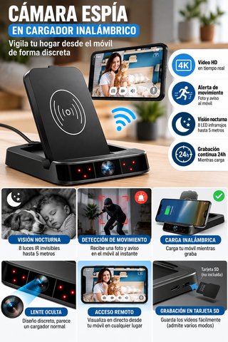 Cámara WiFi Oculta + Cargador Inalámbrico · Nueva