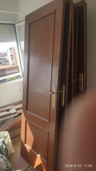 6 Puerta de madera oscura y dos de cristales.
