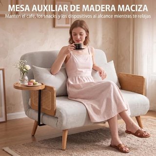 Sofá Cama 2 Plazas 3 en 1 con Mesa Lateral Crema