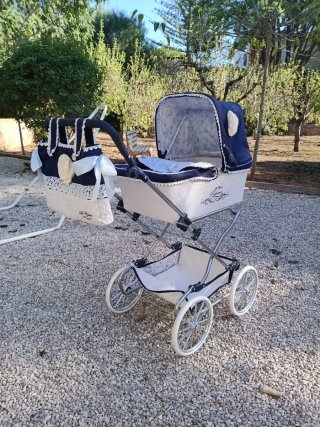 Passeggino per bambole blu e bianco