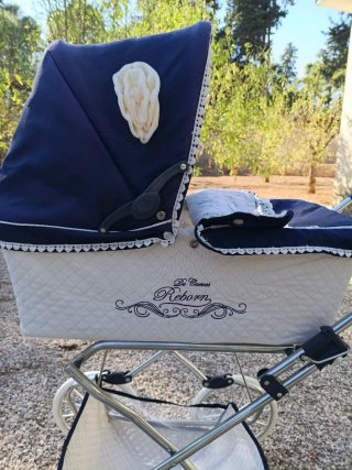 Passeggino per bambole blu e bianco
