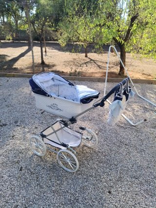 Passeggino per bambole blu e bianco