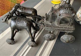 Bronce Antiguo Indio Carro Bueyes