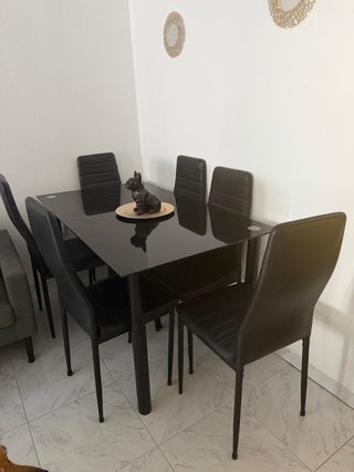 Mesa Comedor Cristal Negra + 6 Sillas