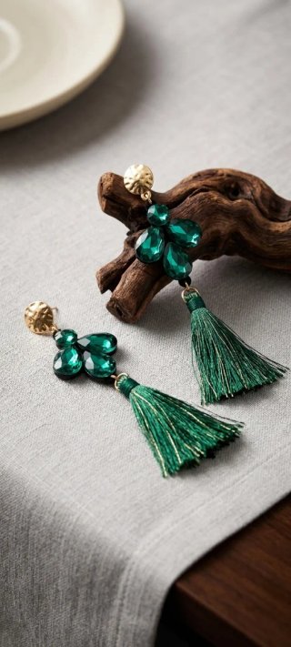 Pendientes largos verdes con detalles dorados