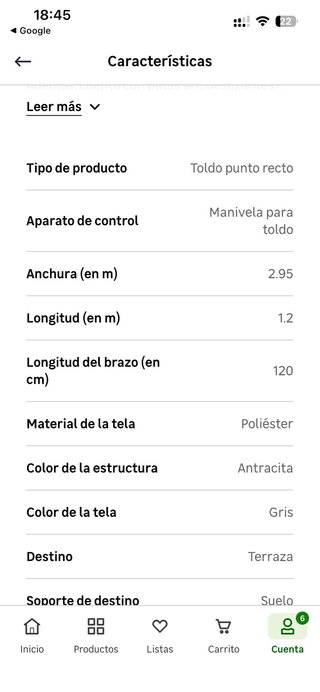 Toldo brazo punto recto  Smart sum  Medida