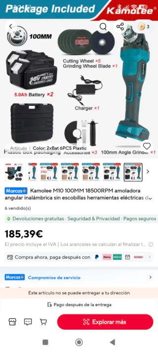 Amoladora Angular con 2 Baterías y Cargador