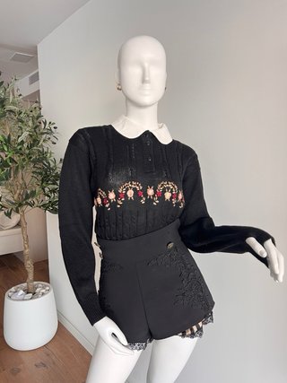 Jersey vintage negro bordado floral Talla L