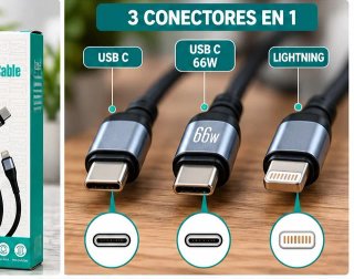 Cable Carga Rápida 3 en 1 USB-C Lightning 66W
