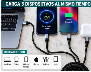 Cable Carga Rápida 3 en 1 USB-C Lightning 66W