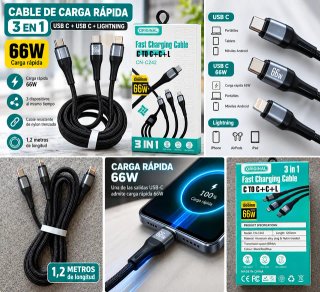 Cable Carga Rápida 3 en 1 USB-C Lightning 66W