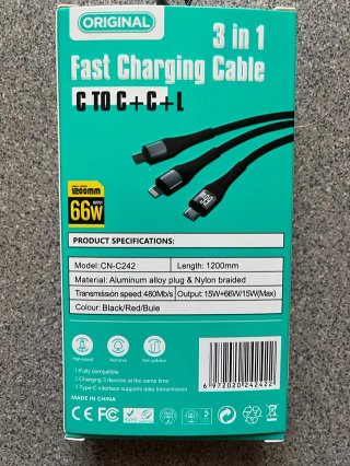 Cable Carga Rápida 3 en 1 USB-C Lightning 66W