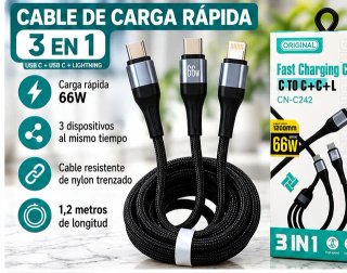 Cable Carga Rápida 3 en 1 USB-C Lightning 66W