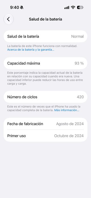 iPhone 16 Pro 256GB - Salud Batería 93%