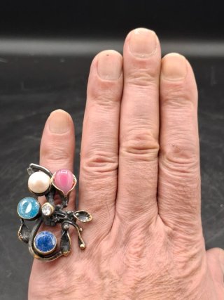Anillo Artístico de Plata 925 con Perla y Piedras