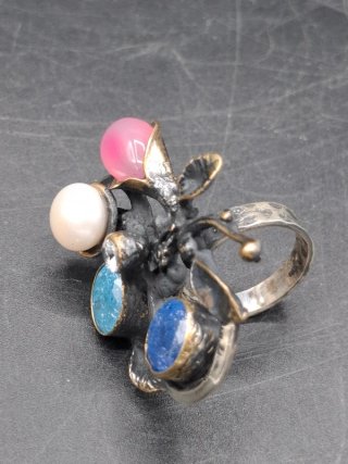 Anillo Artístico de Plata 925 con Perla y Piedras