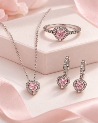 Conjunto Pandora Corazón Rosa y Circonitas