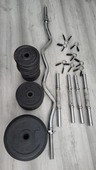 Juego de pesas con Barra Z, mancuernas y discos