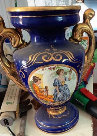 Jarrón Vintage de Cerámica Azul y Oro