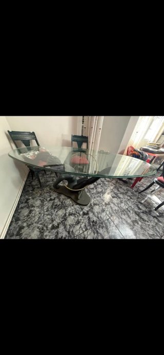 Mesa de salón decorativa cristal y metal+6 sillas