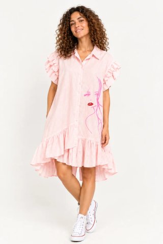Vestido rosa volantes y estampado mujer