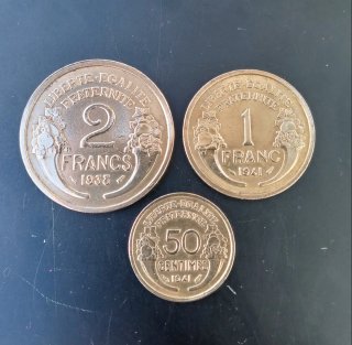 Francia. Lote 3 monedas 1938-1941