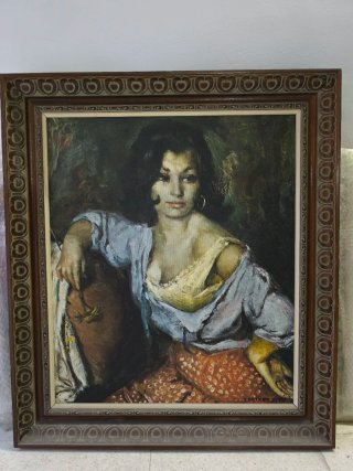 Cuadro Mujer con Flor Óleo Lienzo Años 70