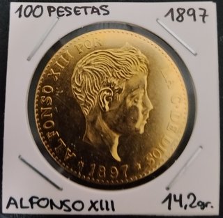 🇪🇦 100 PESETAS ORO ALFONSO XIII 1897 RÉPLICA