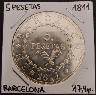 🇪🇦 5 PESETAS BARCELONA PLATA AÑO 1811 RÉPLICA