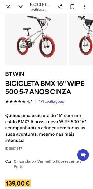 Bicicleta BMX 16 Wipe 500 Cinzenta