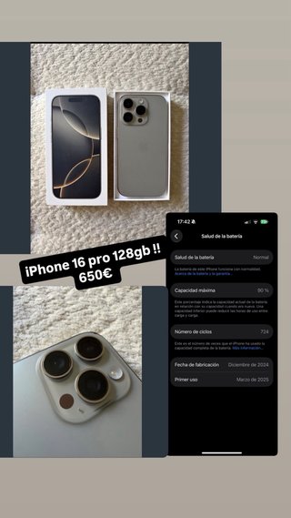 iPhone 16 Pro 128GB Plata 90% Batería