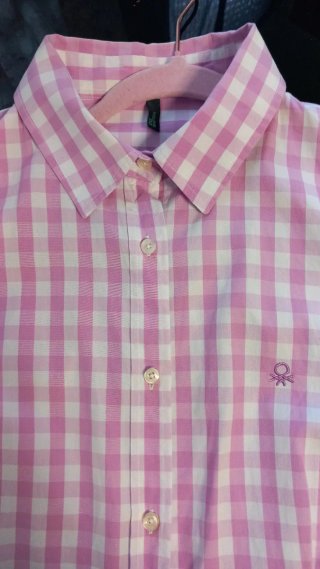 Camisa Benetton cuadros rosa y blanco