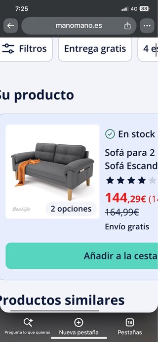 Sofá gris tela, 2 días de uso
