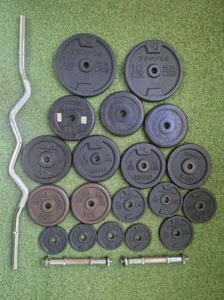 LOTE DE DISCOS Y BANCO GYM