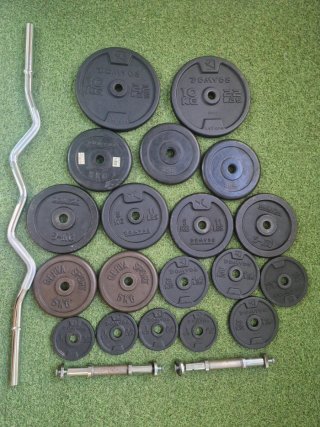 LOTE DE DISCOS Y BANCO GYM