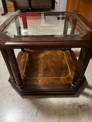 Mesita auxiliar octogonal cristal y madera