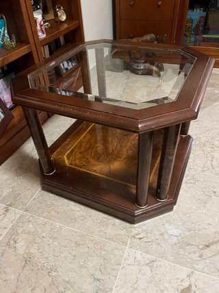 Mesita auxiliar octogonal cristal y madera