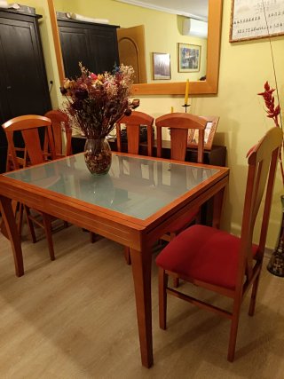 Mesa de comedor y 6 sillas de comedor de madera y