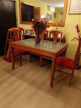 Mesa de comedor y 6 sillas de comedor de madera y