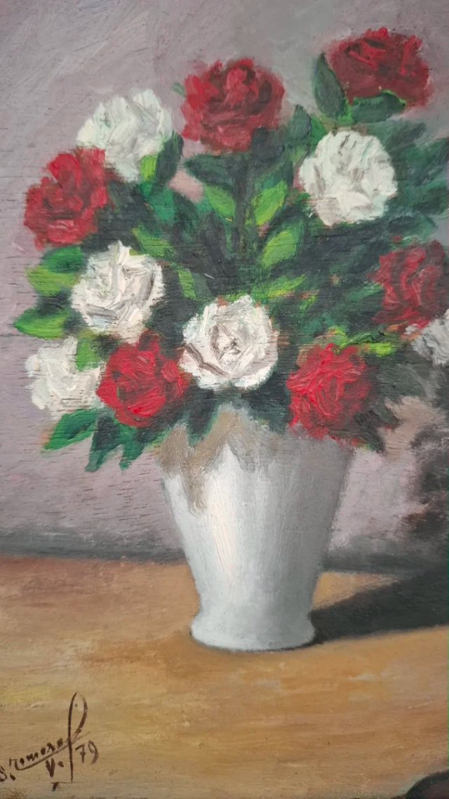 Pareja óleos pequeños antiguo flores