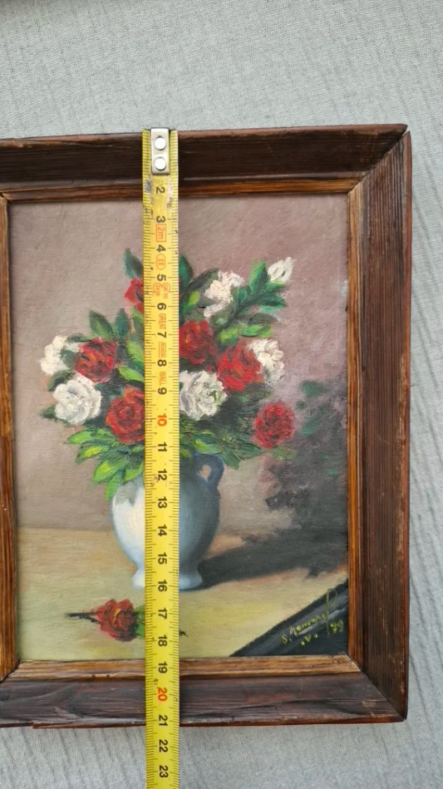 Pareja óleos pequeños antiguo flores