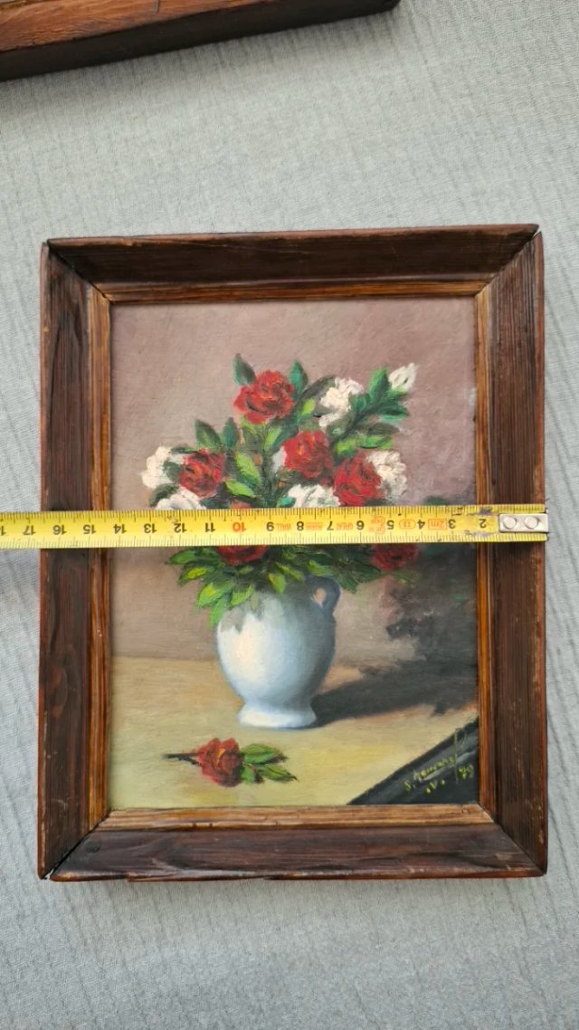 Pareja óleos pequeños antiguo flores