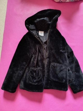 Abrigo niña negro peluche con capucha Talla 9/10