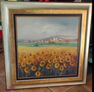 Cuadro de girasoles y pueblo de 60x60