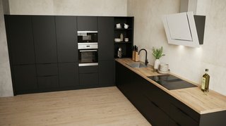 Muebles de cocina en L negro total mate + madera