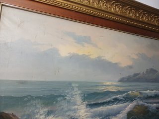 Cuadro al Óleo Paisaje Marino con Marco Dorado