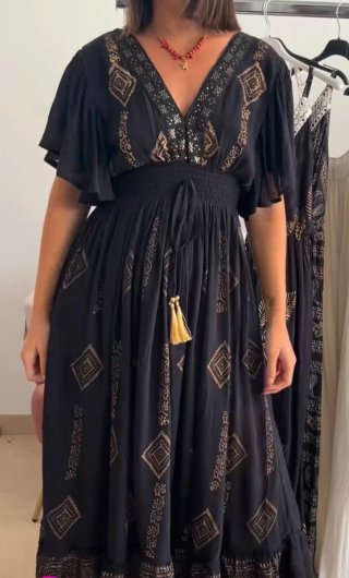 Vestido Ibicenco Talla Única Dorado y Blanco