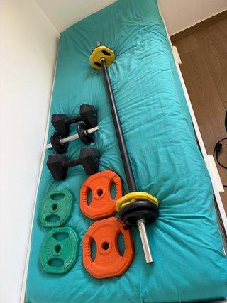Barra y pesas para gimnasio